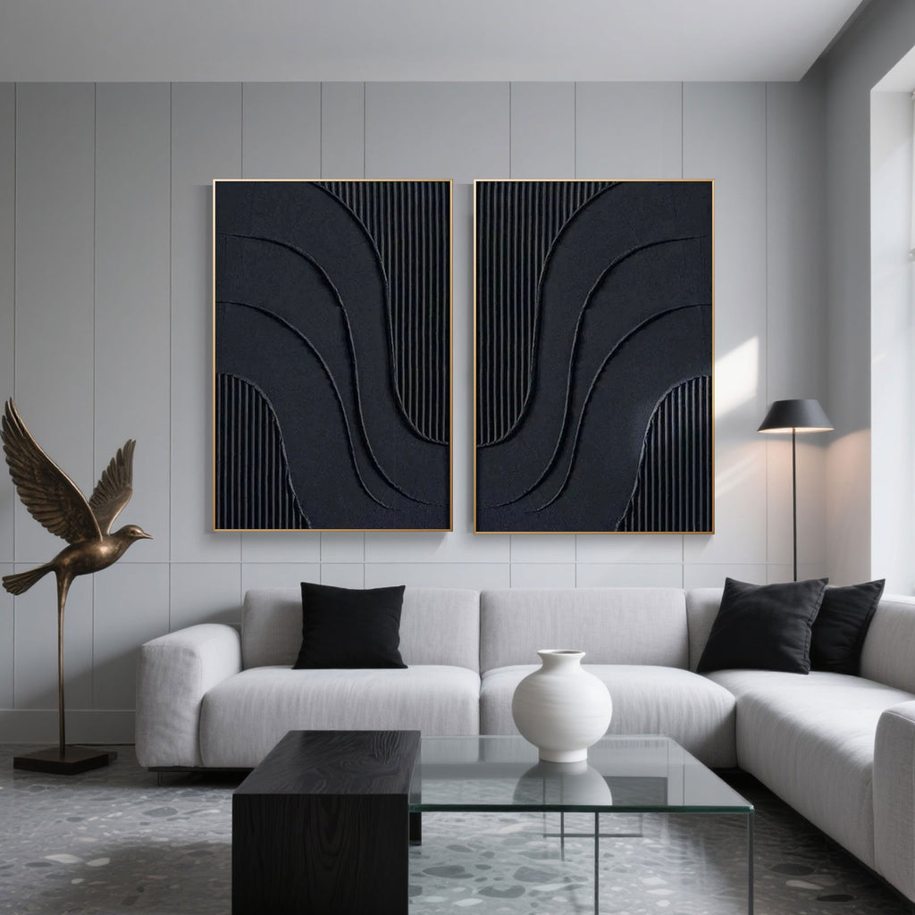 Hand-painted 3D minimalist artwork featuring sculptural black line composition