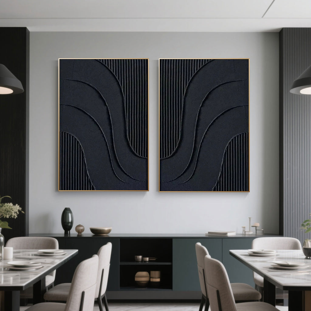 Black abstract line texture painting with modern minimalist geometric shapes