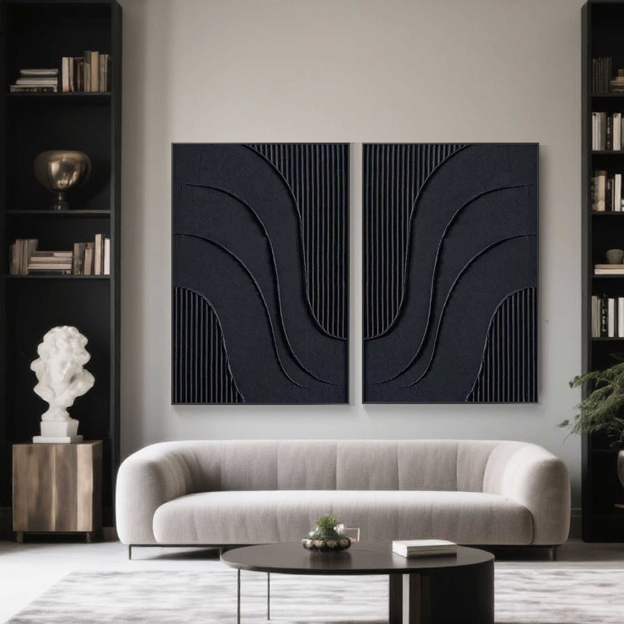 Minimalist abstract black textured painting displayed in a modern living room

