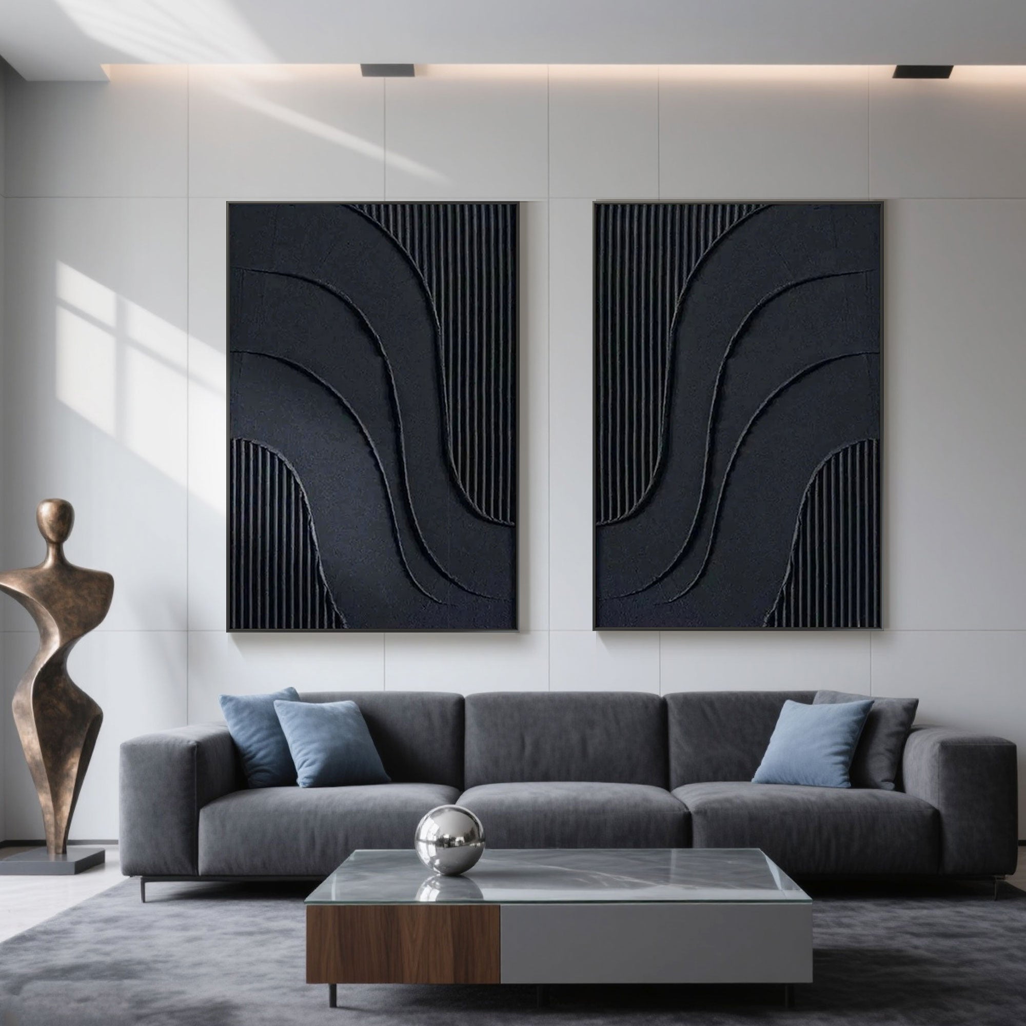 Vertical canvas geometric wall decor with monochrome textured acrylic painting