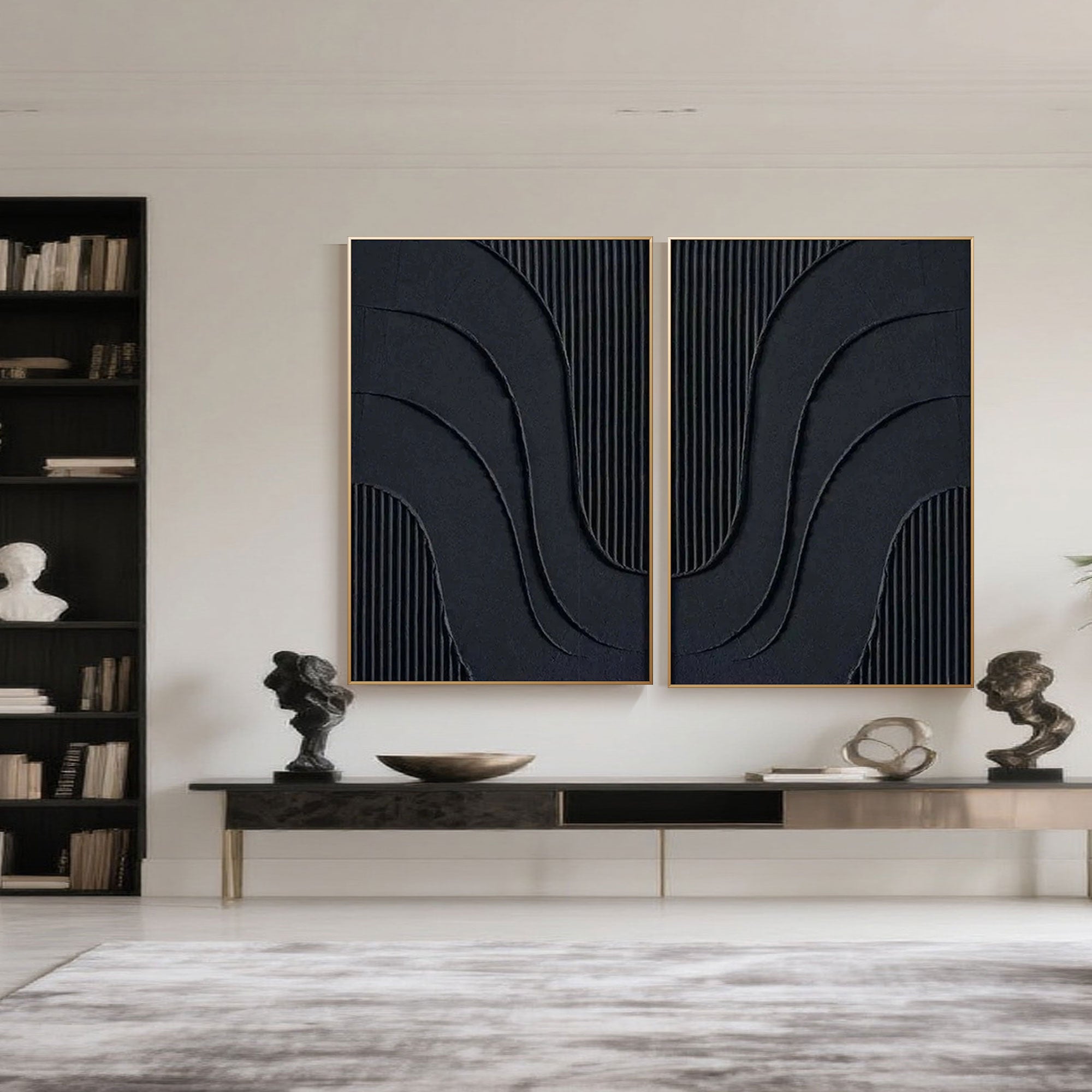 Large 3D geometric painting enhancing a dark-toned contemporary interior
