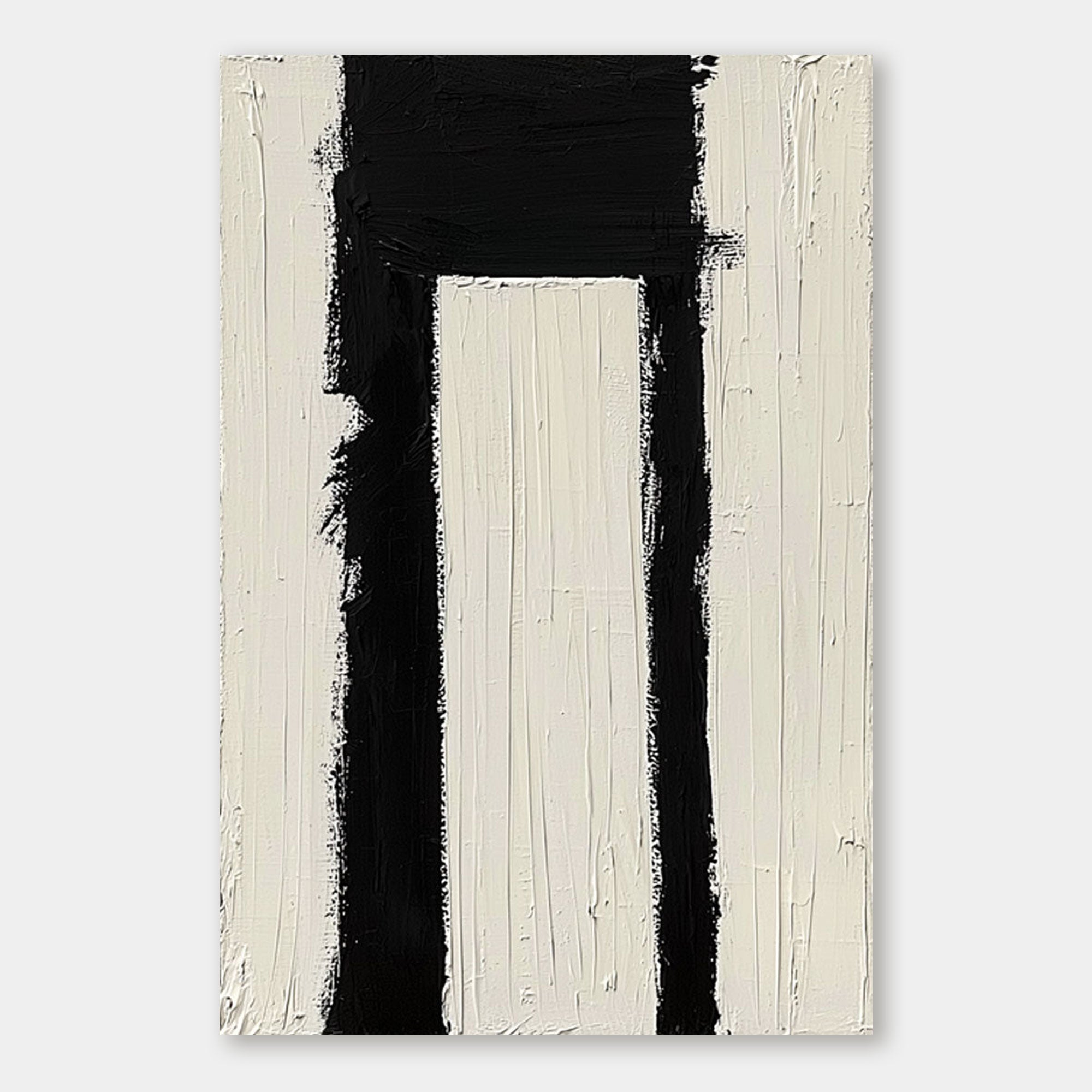 Close-up of Passage minimalist black and white geometric painting.
