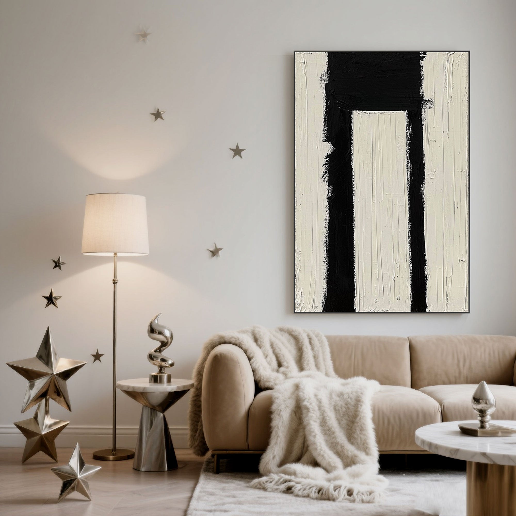 Minimalist geometric Passage wall art in black and white over a sofa.
