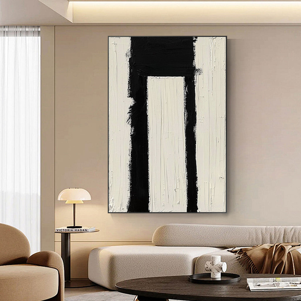Close-up of Passage minimalist black and white geometric painting.