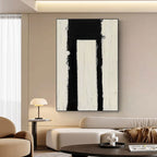 Close-up of Passage minimalist black and white geometric painting.