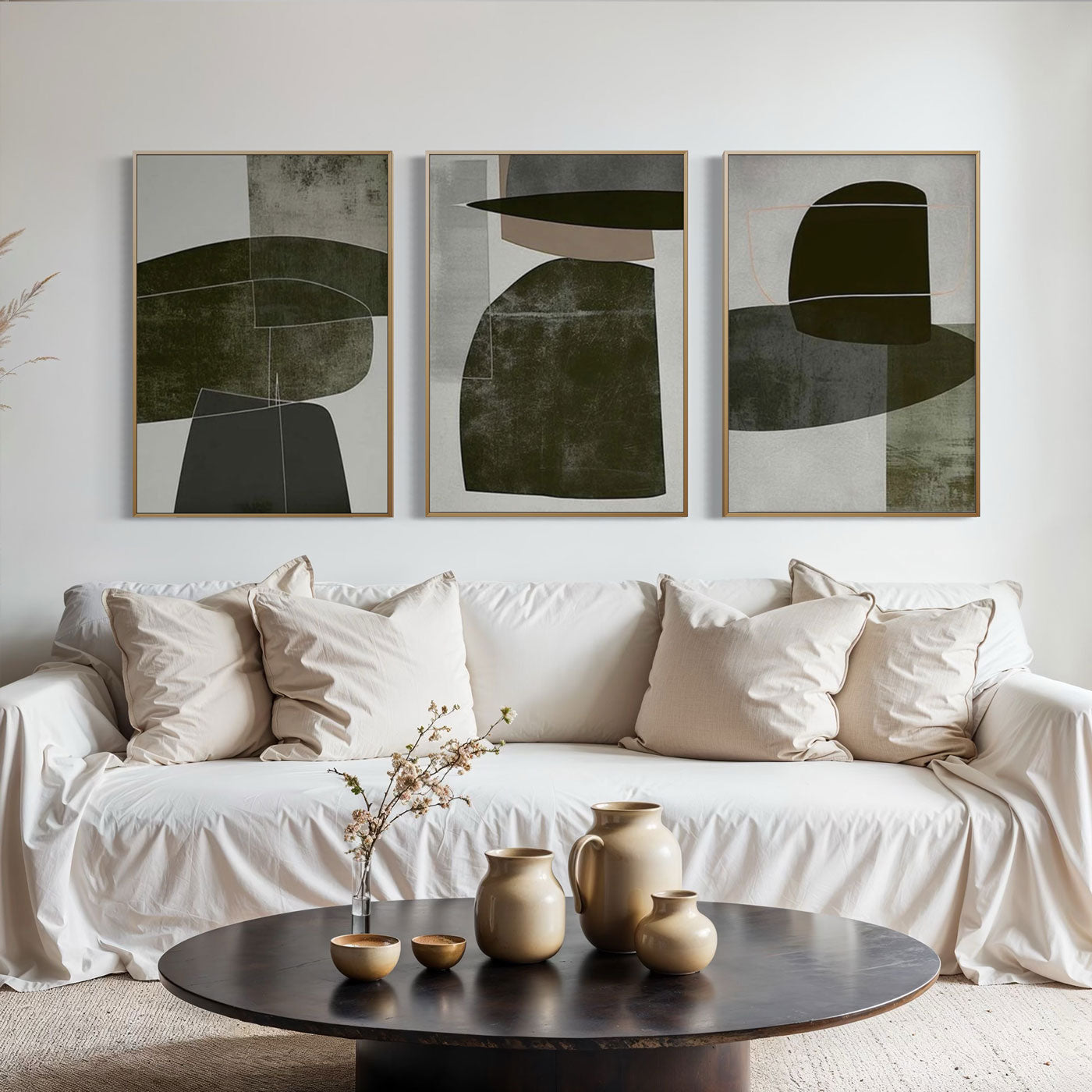 Strata art set: Beige, green, and black geometric art canvases in detail.