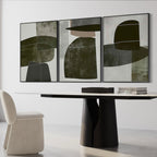 Minimalist geometric canvas art in a dining room setting.