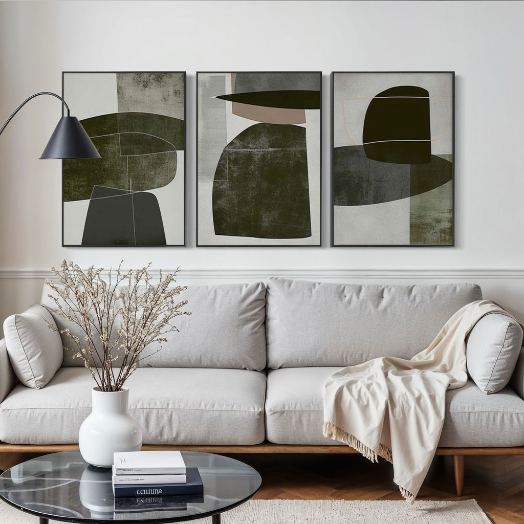 Hand-painted minimalist geometric canvas art set in a gallery setting.
