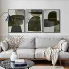 Hand-painted minimalist geometric canvas art set in a gallery setting.