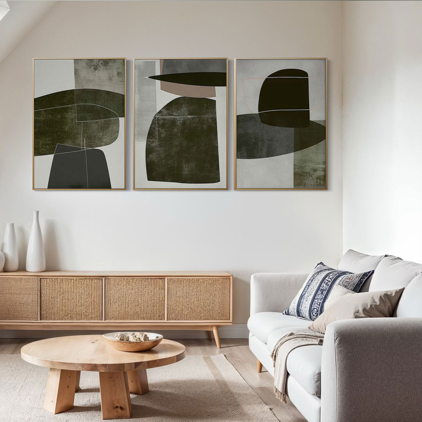 Strata geometric canvas art, ready to hang, framed in a gallery setting.