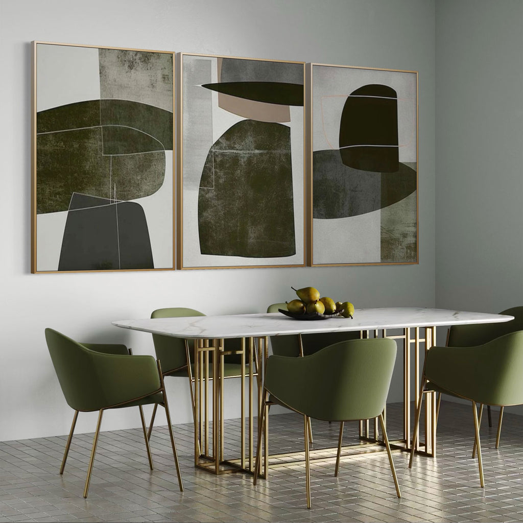 Earthy toned geometric canvas art above a modern dining table.