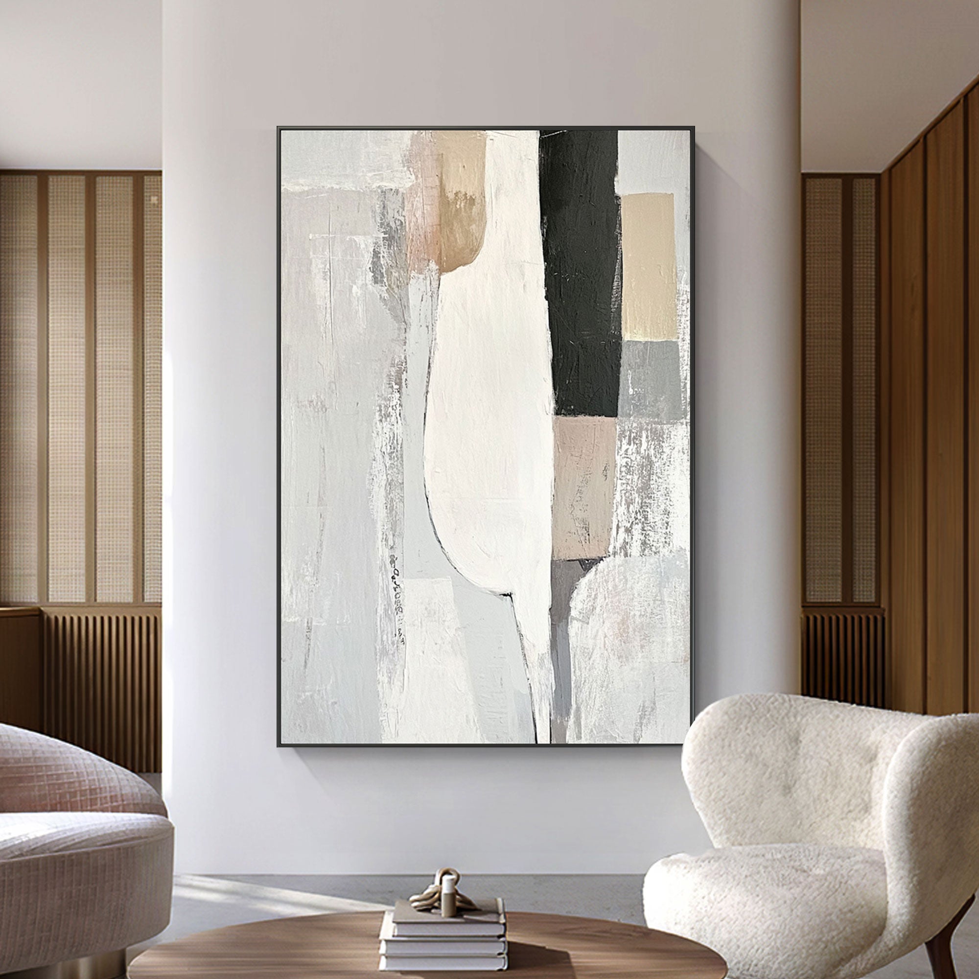 Neutral tone geometric wall art in modern living space.