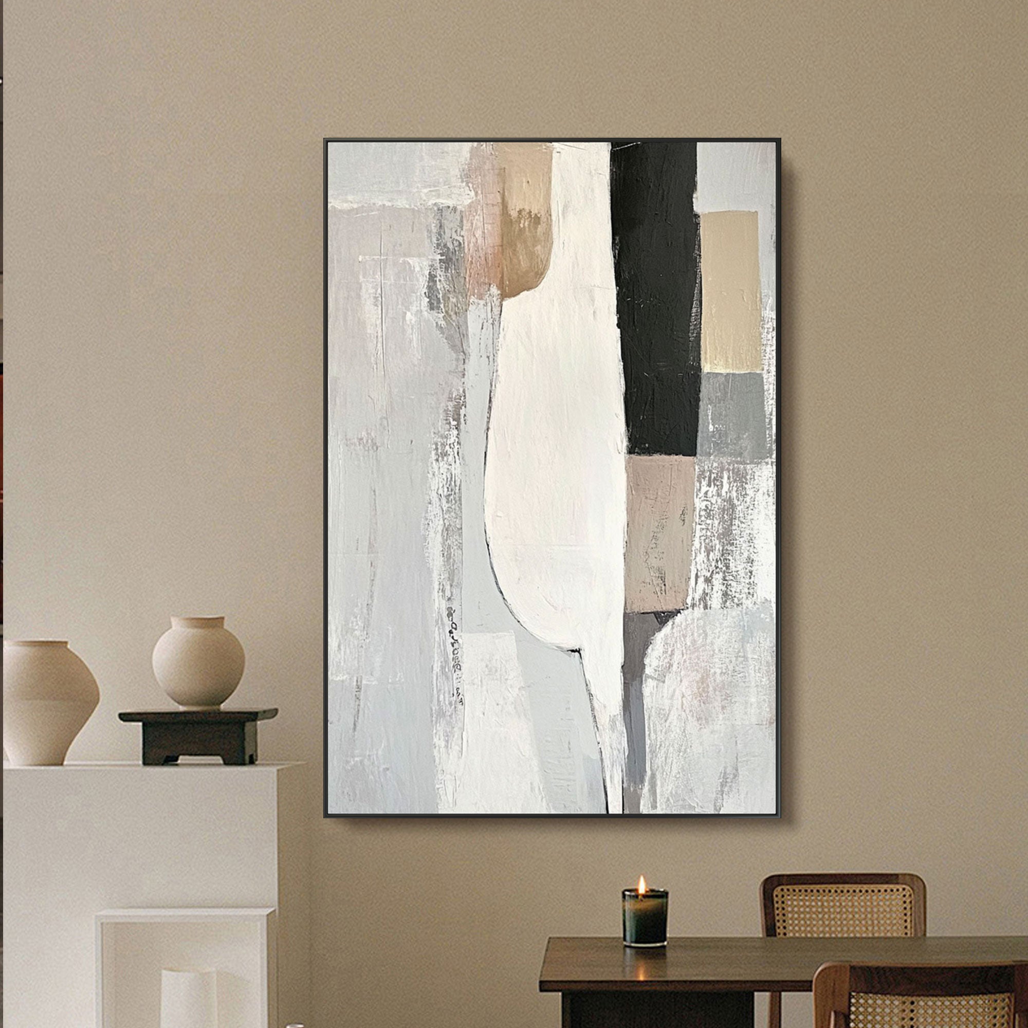 Neutral tone geometric wall art in modern living space.