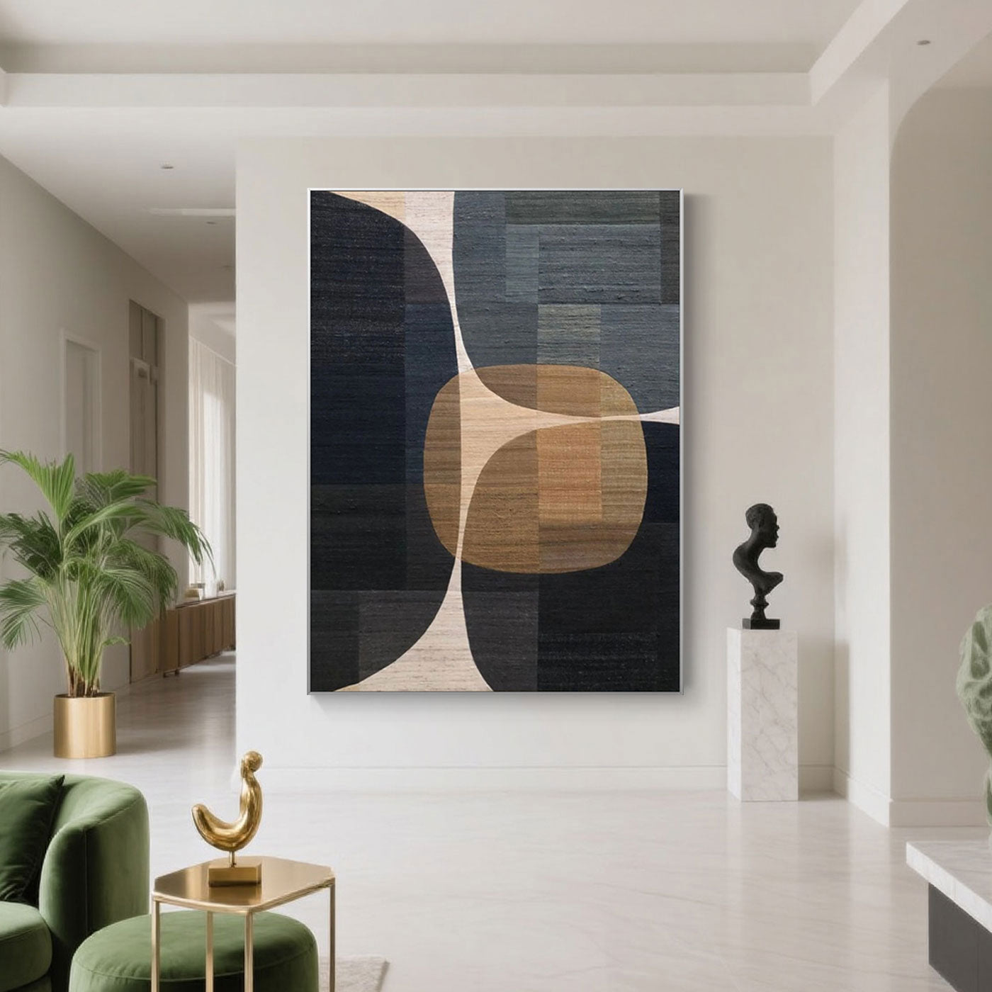Intersecta minimalist wall art in hallway setting with green plant