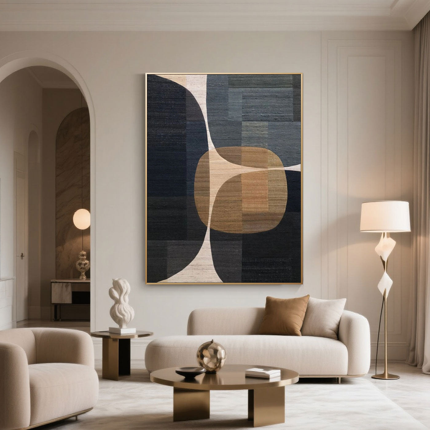 Intersecta geometric art above a black sofa in modern living room