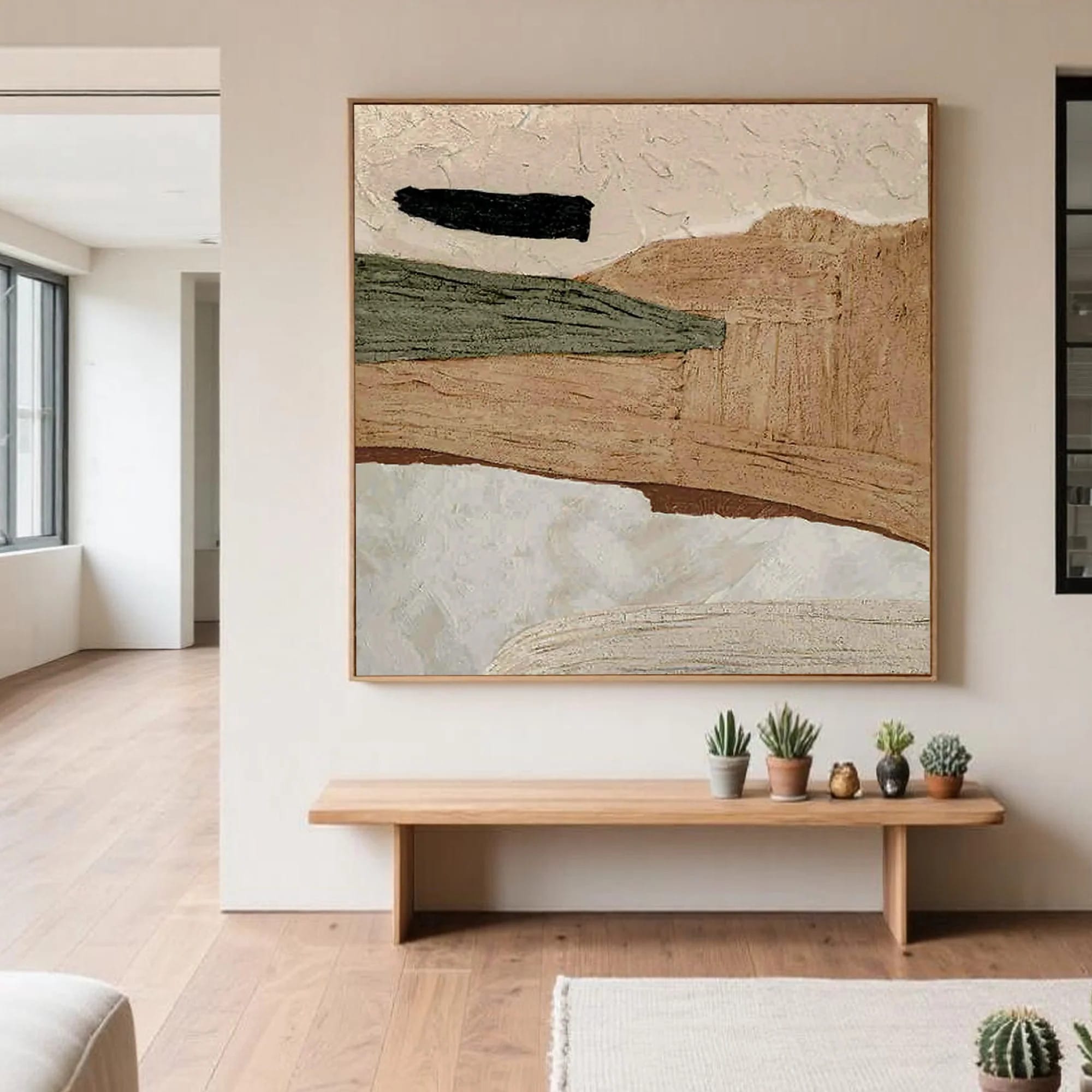 Minimalist nature wall art 'Timeless Ground' - textured abstract painting with earthy tones (beige, brown, green, white) i...
