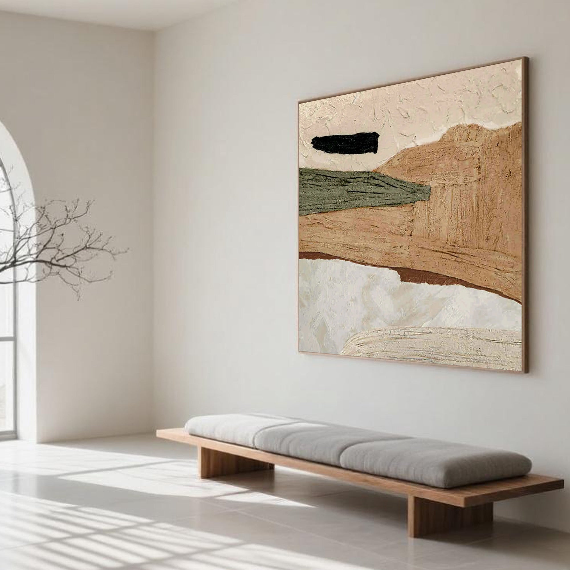 Minimalist nature wall art 'Timeless Ground' - hand-painted abstract landscape with textured earthy tones, mounted on wall...