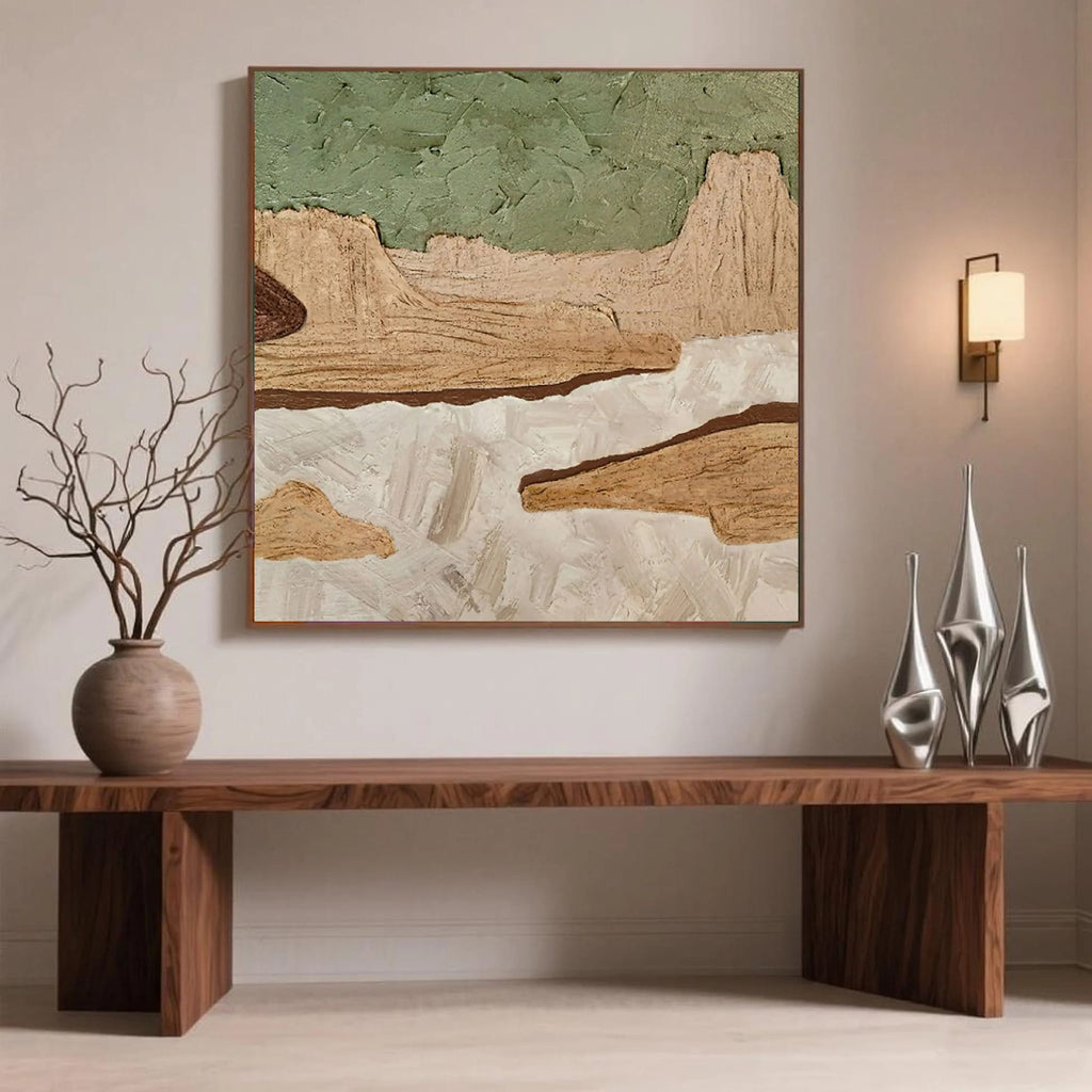 Minimalist nature wall art 'Timeless Ground' by Lumi Gallery - hand-painted canvas with textured earth tones landscape.