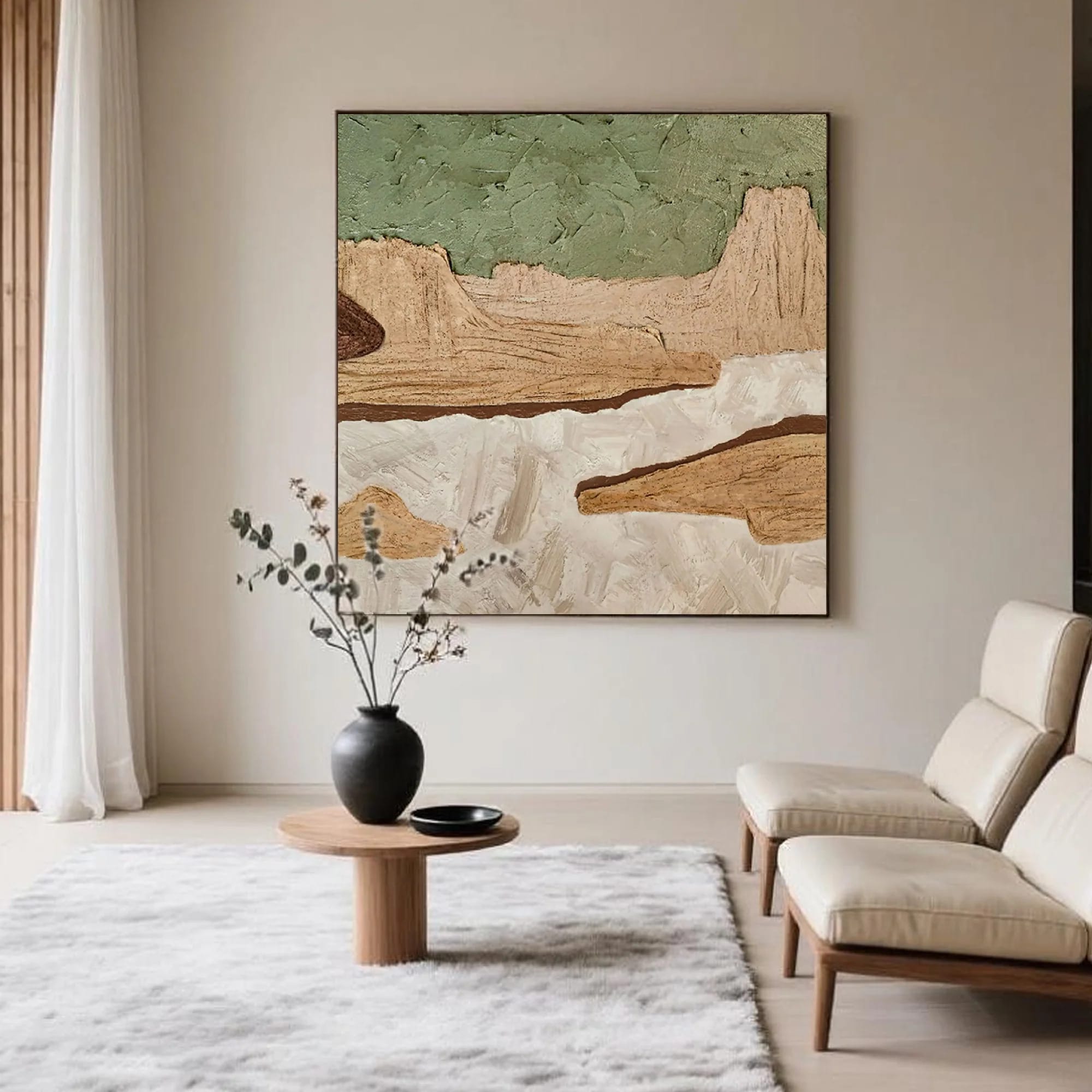 Minimalist nature wall art 'Timeless Ground' - hand-painted canvas with textured earthy tones (green, beige, brown). Ideal...