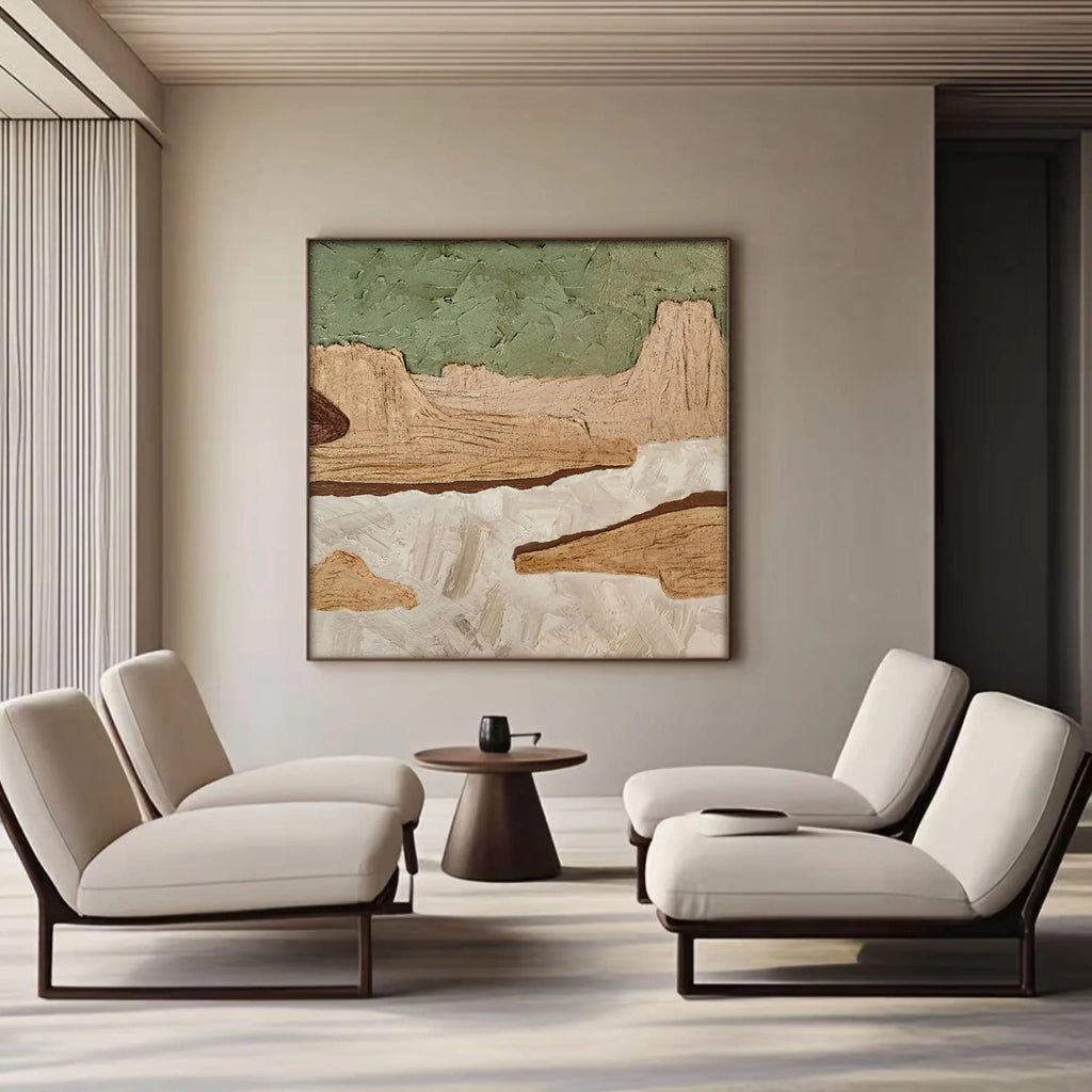 Minimalist nature wall art 'Timeless Ground' - hand-painted abstract landscape with earthy tones, textured details.