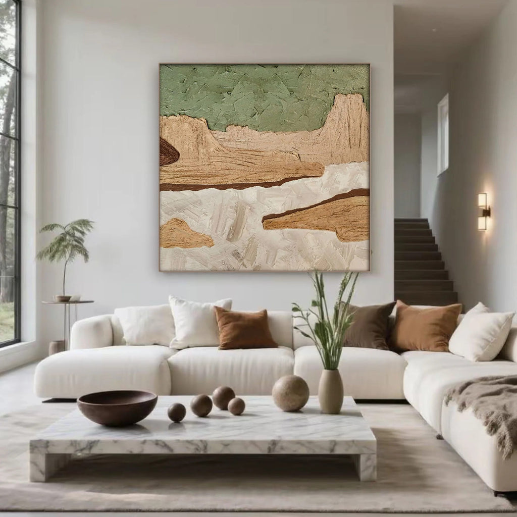 Minimalist nature wall art 'Timeless Ground' - hand-painted abstract landscape with textured earthy tones (green, beige, b...