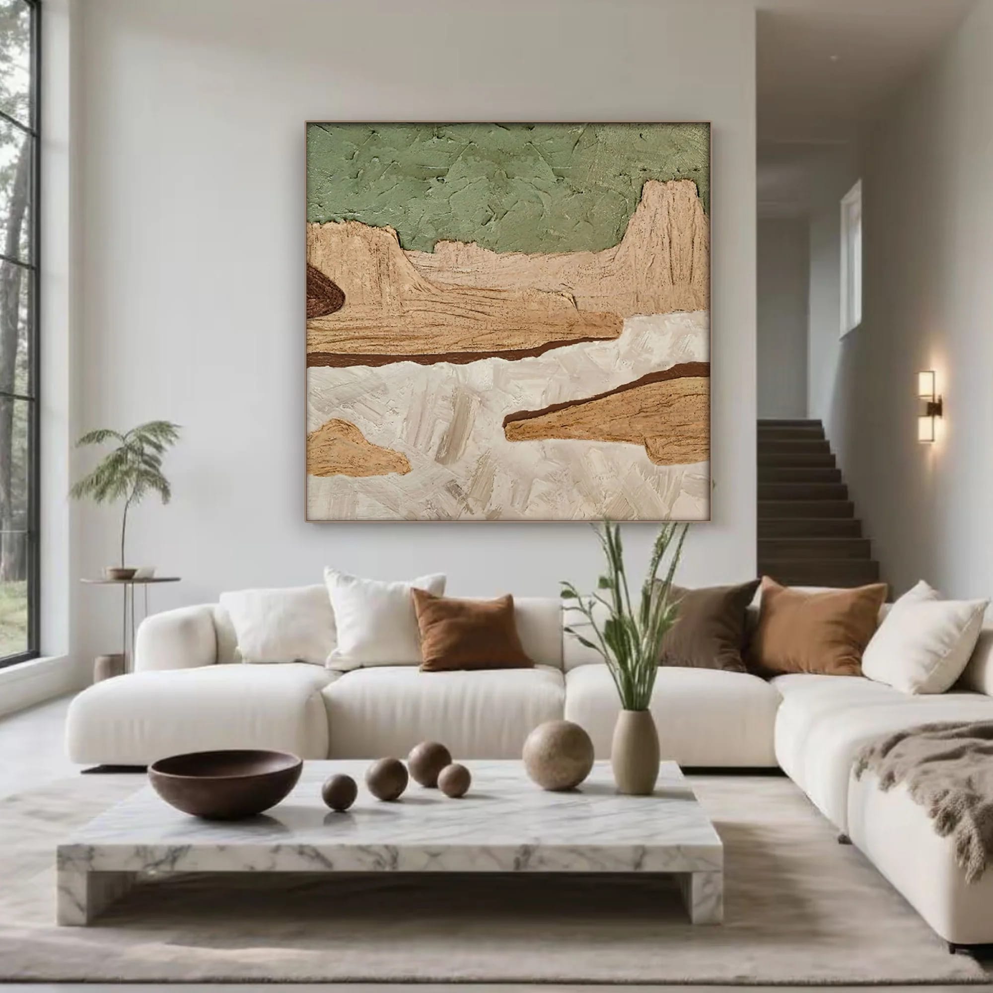 Minimalist nature wall art 'Timeless Ground' - hand-painted abstract landscape with textured earthy tones (green, beige, b...