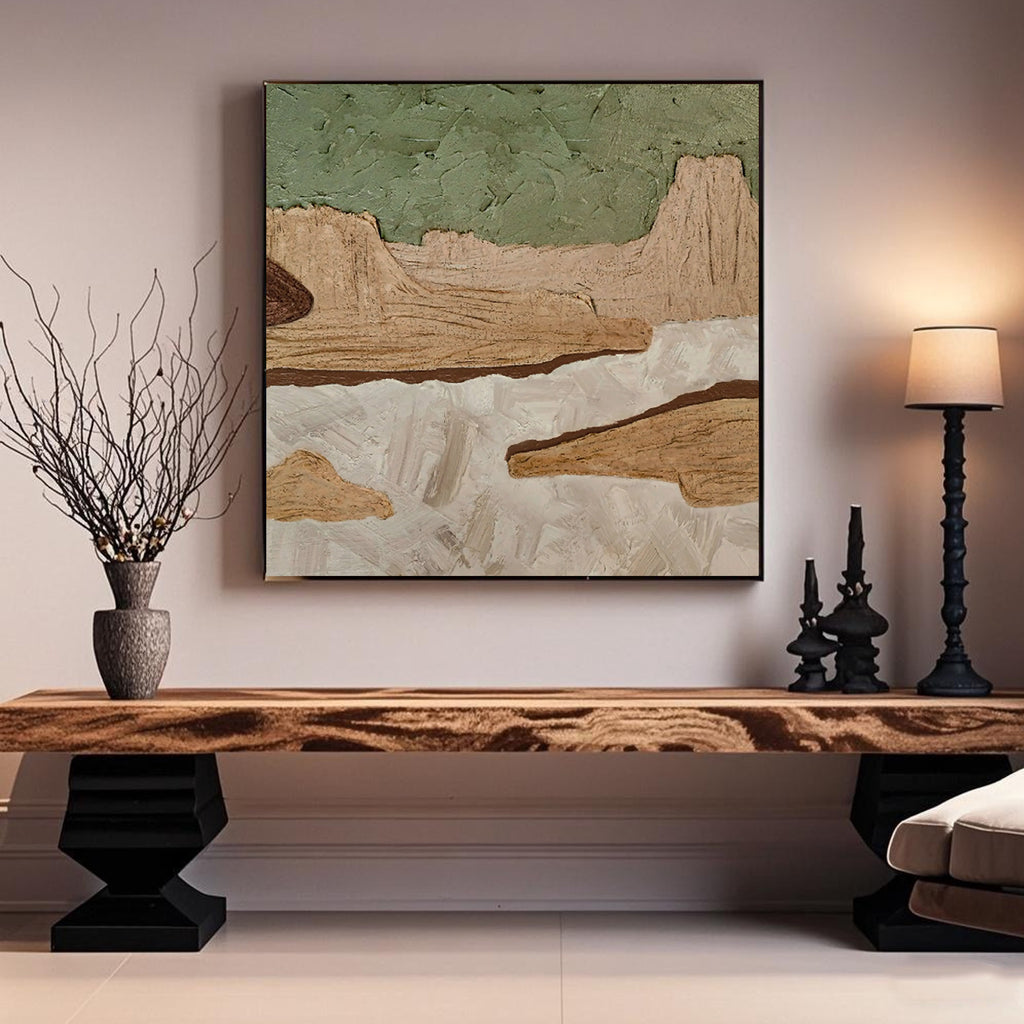 Minimalist nature wall art 'Timeless Ground' - textured canvas painting with earth tones (green, beige, brown) for living ...