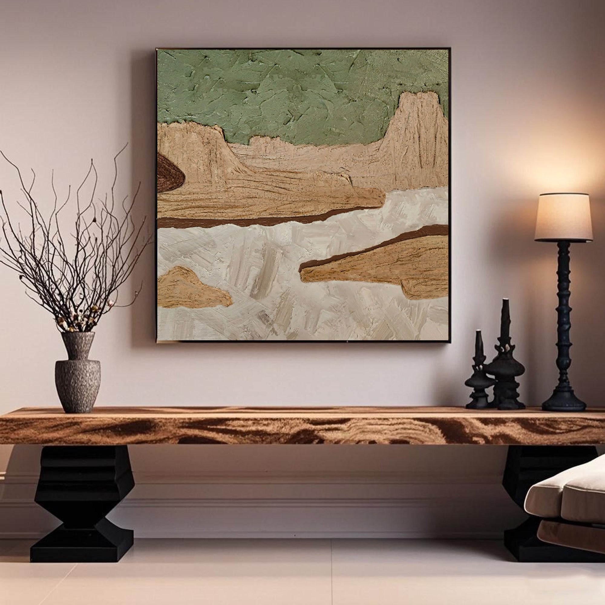 Minimalist nature wall art 'Timeless Ground' - textured canvas painting with earth tones (green, beige, brown) for living ...