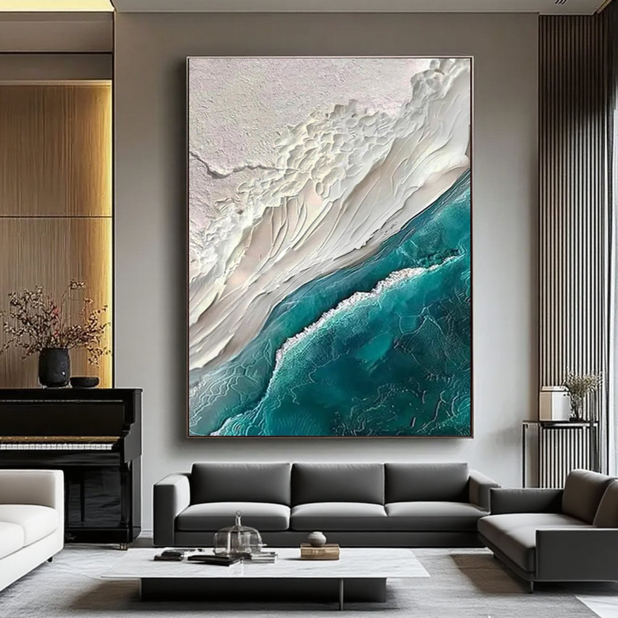 Seavara ocean green canvas art in a living room, complementing a modern sofa and piano.