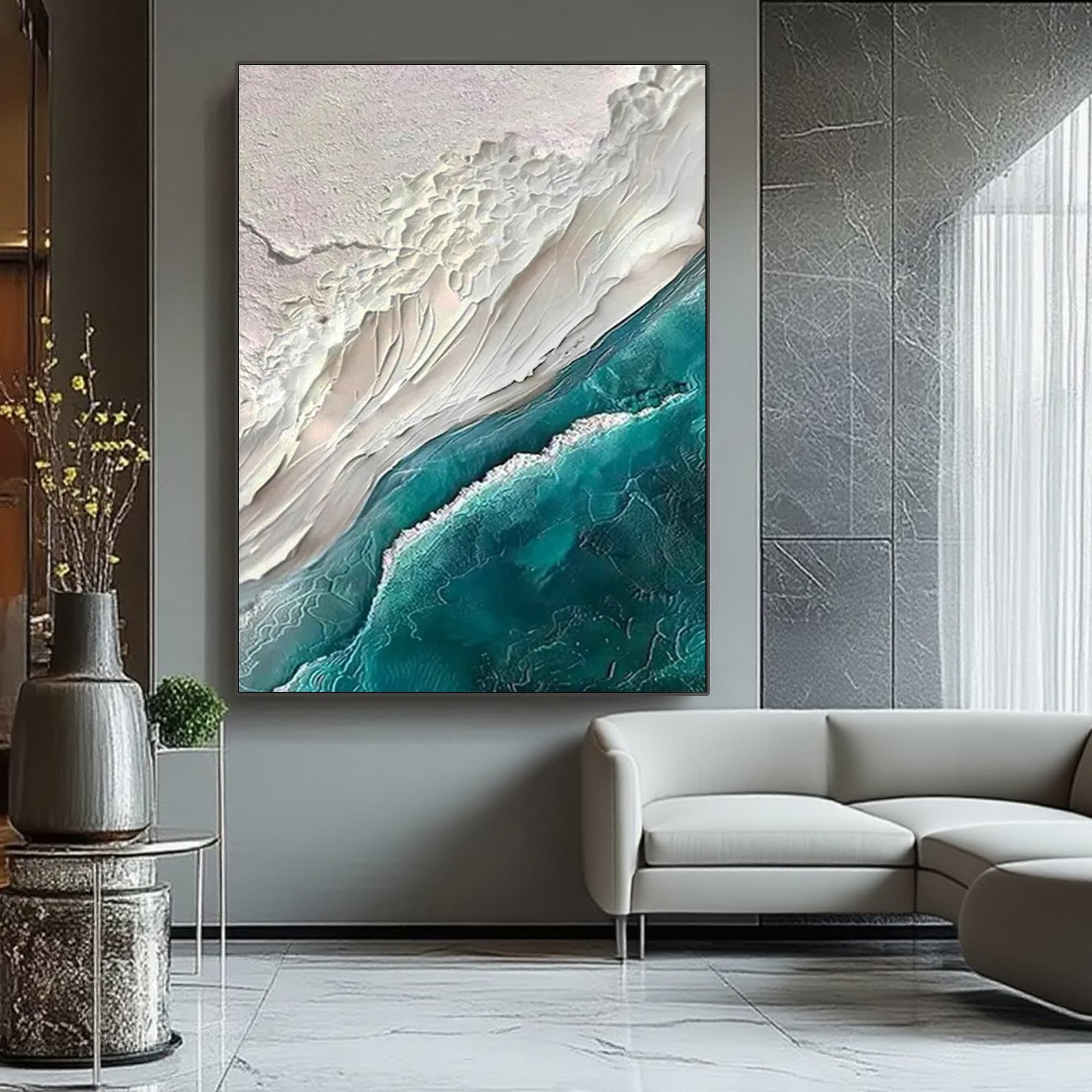 Ocean green wall art in a modern living space, showcasing the serene coastal design.