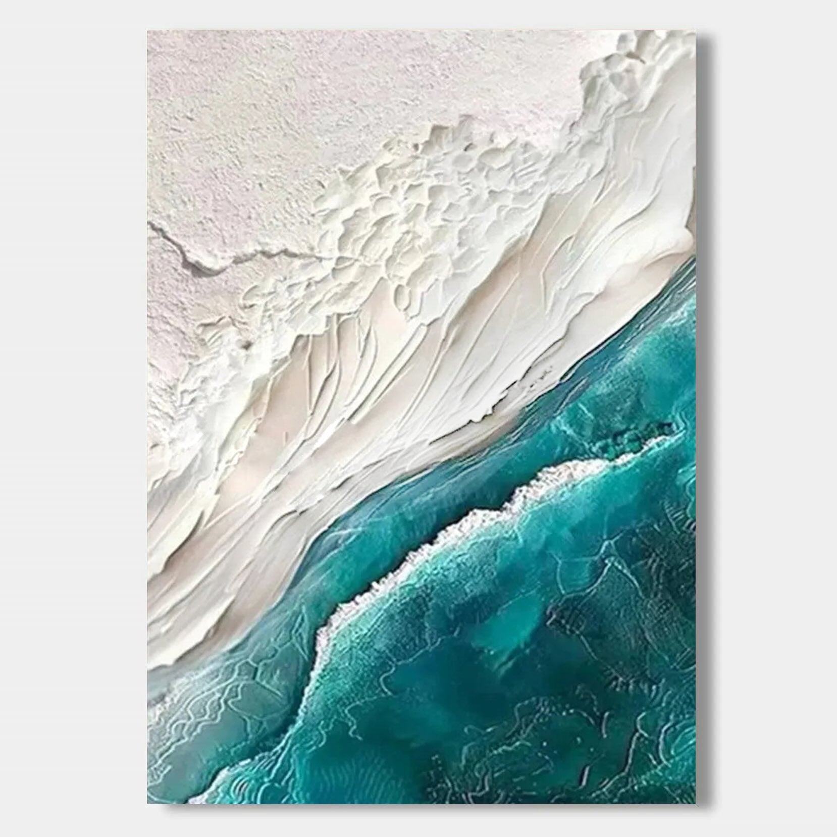 Seavara minimalist ocean green wall art close-up showing textured white sand and rich green waves.