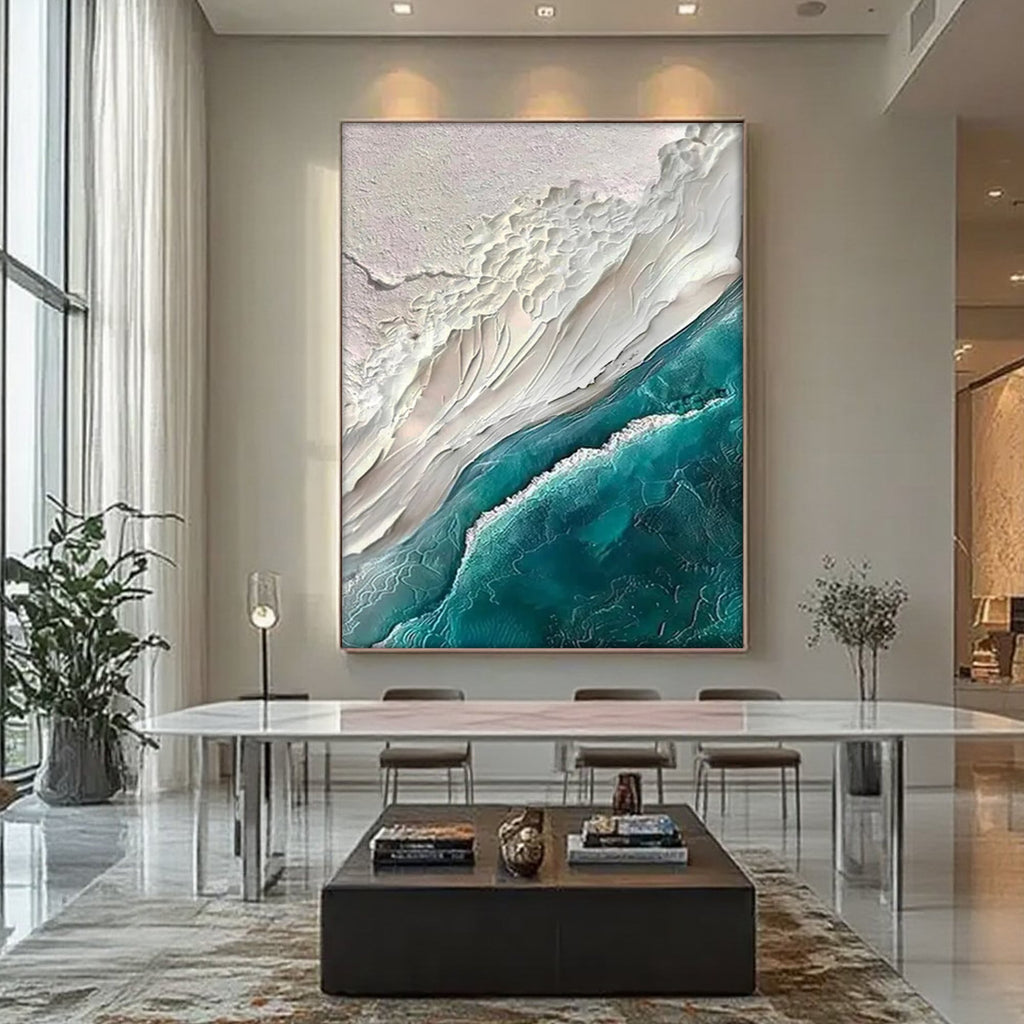 Minimalist ocean green wall art by Seavara displayed in a modern dining room setting.