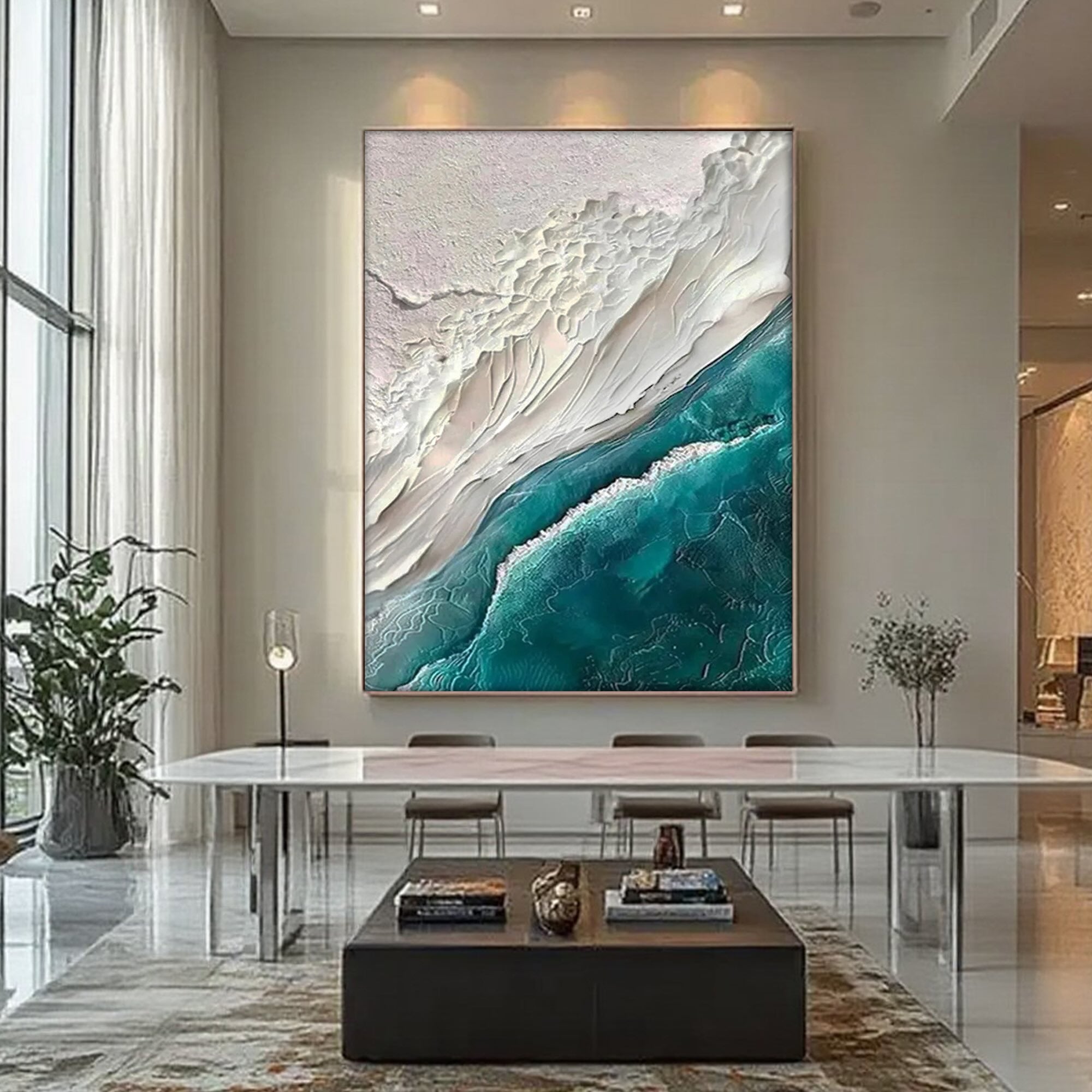 Minimalist ocean green wall art by Seavara displayed in a modern dining room setting.