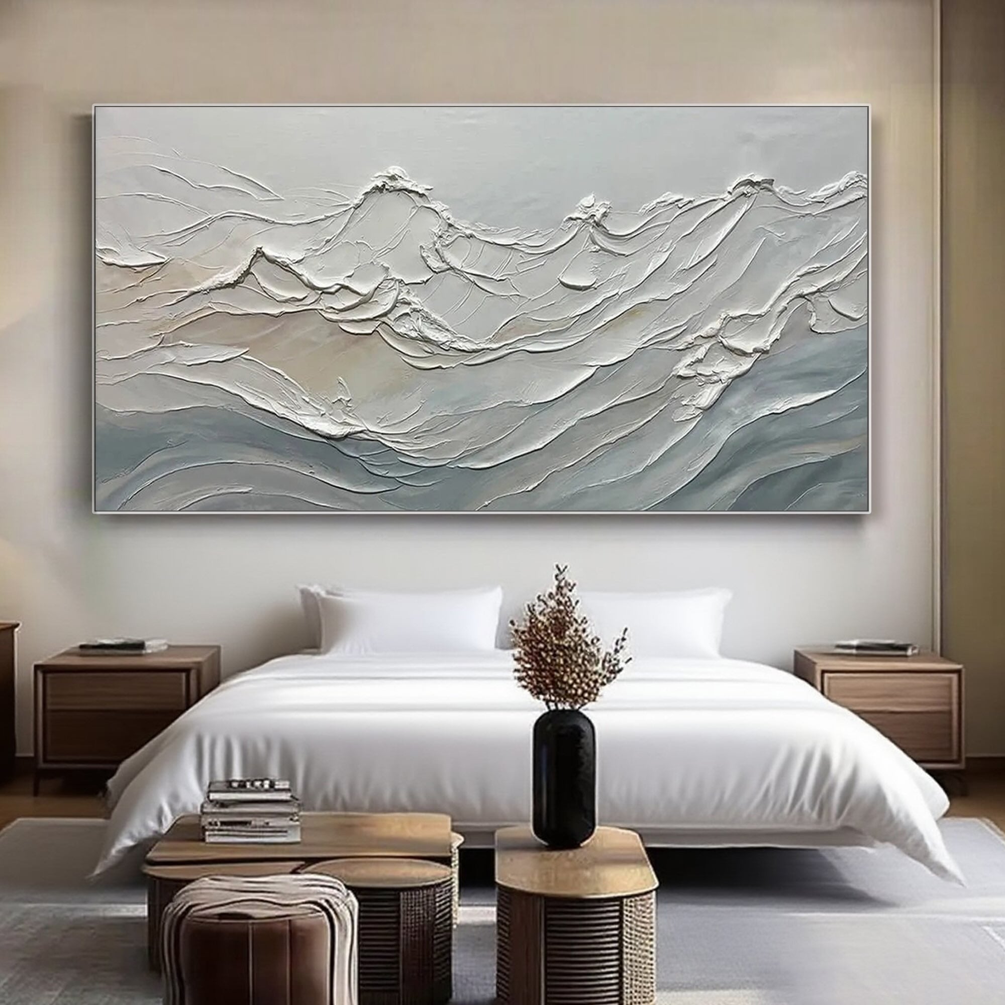 Minimalist ocean wave canvas above a bed in a modern bedroom setting.