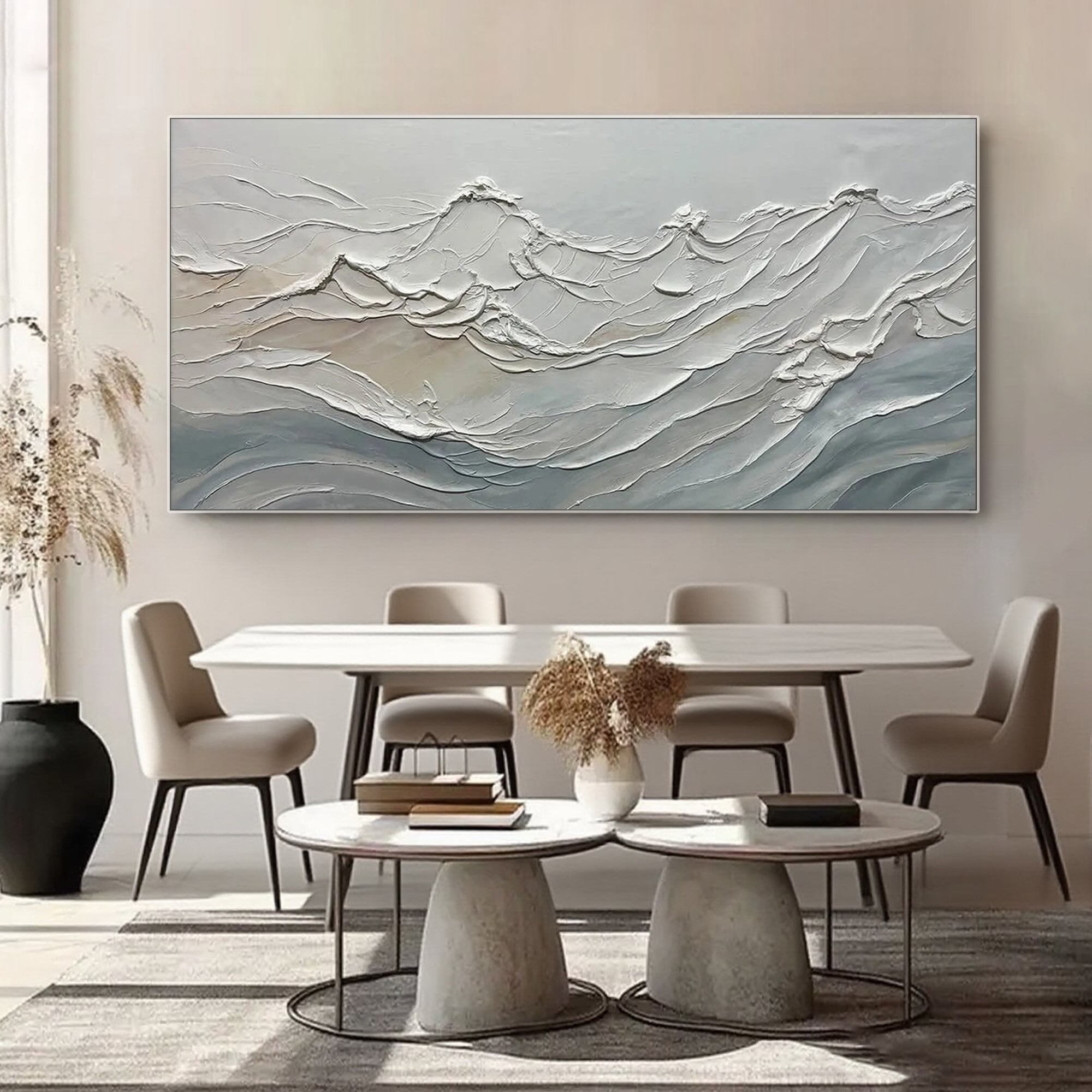 Abstract ocean wave art with sculpted texture close-up.