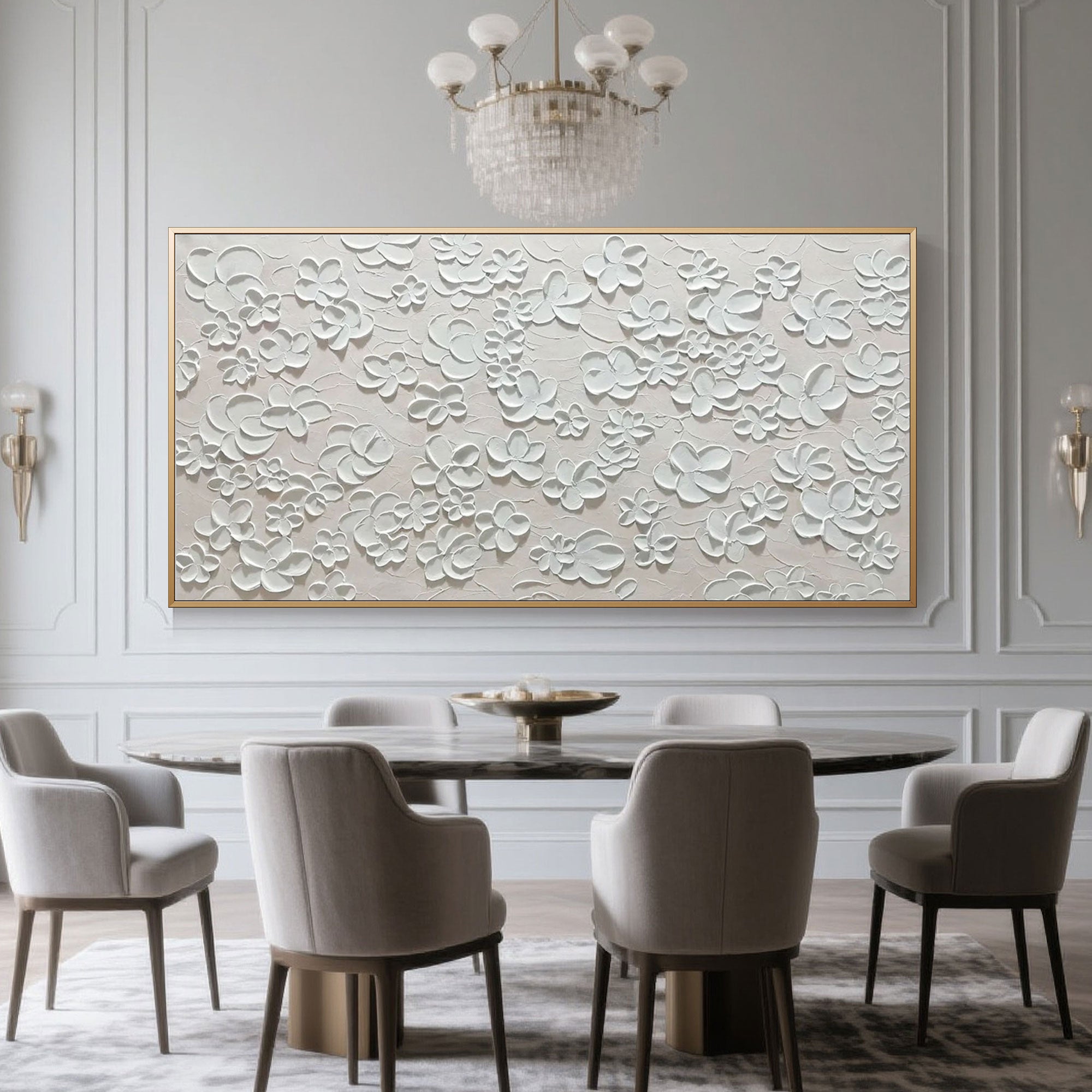 Minimalist floral artwork displayed above a dining table in a modern setting.