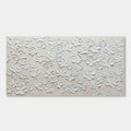 Textured white floral painting, minimalist style, on a neutral canvas.