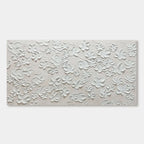 Textured white floral painting, minimalist style, on a neutral canvas.