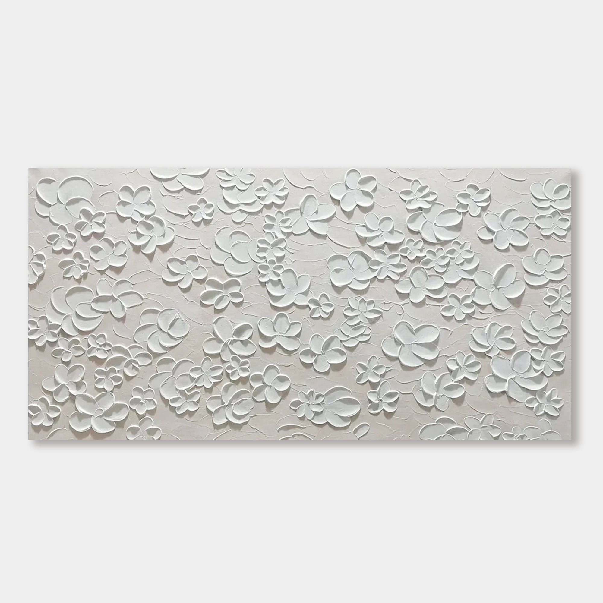 Textured white floral painting, minimalist style, on a neutral canvas.