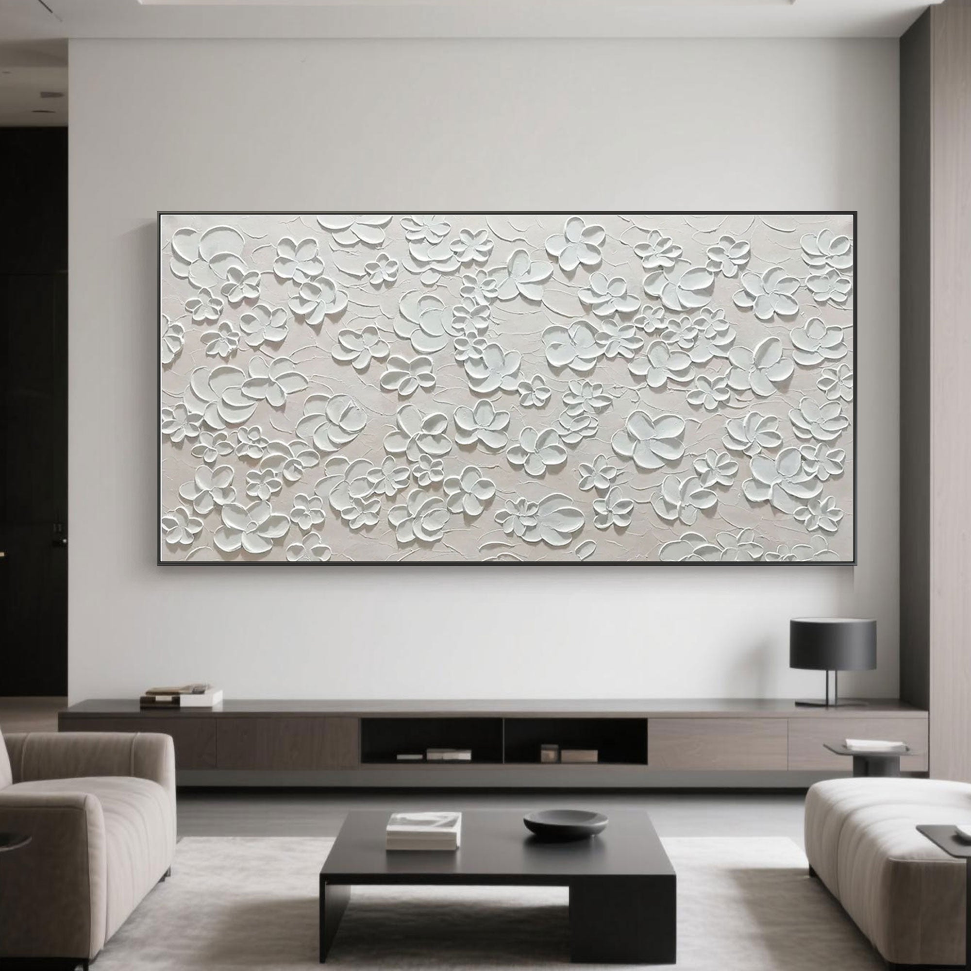 Minimalist textured floral painting in a modern living room.