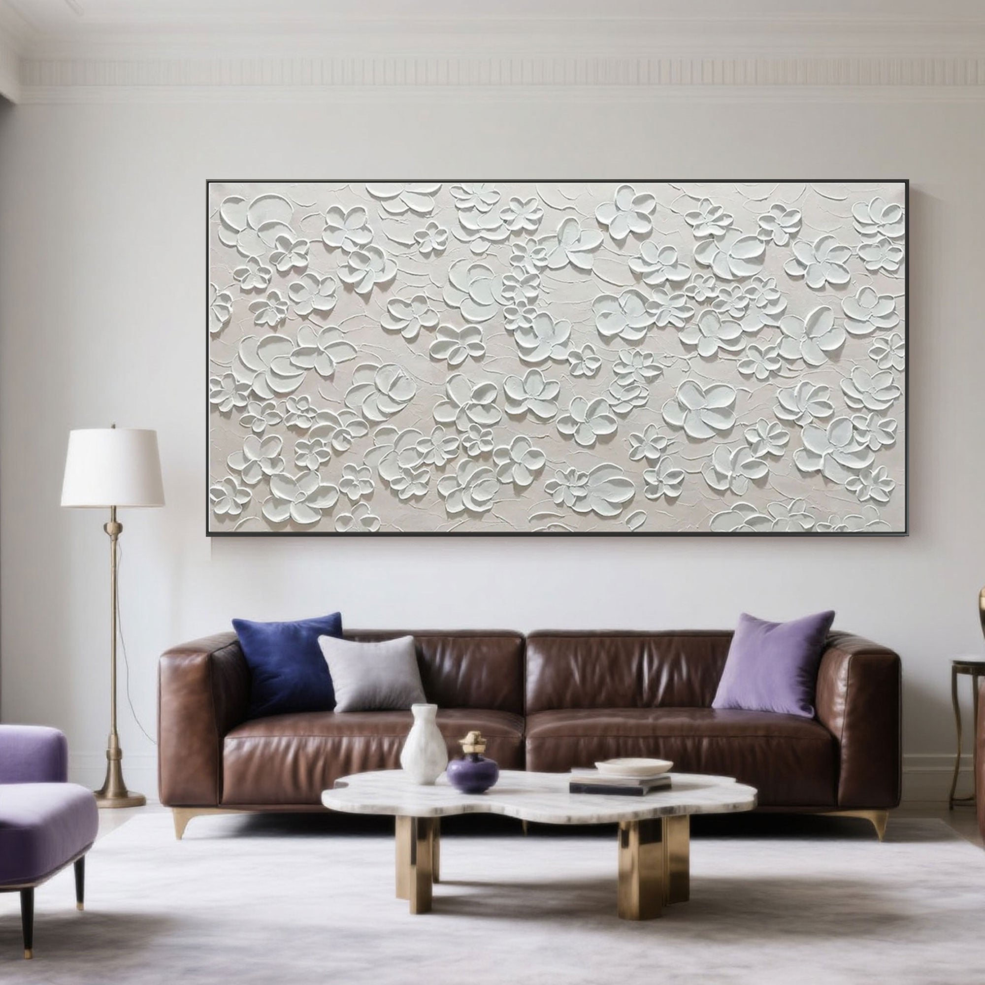 Minimalist textured floral painting in a modern living room.