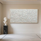Minimalist textured floral painting in a modern living room.