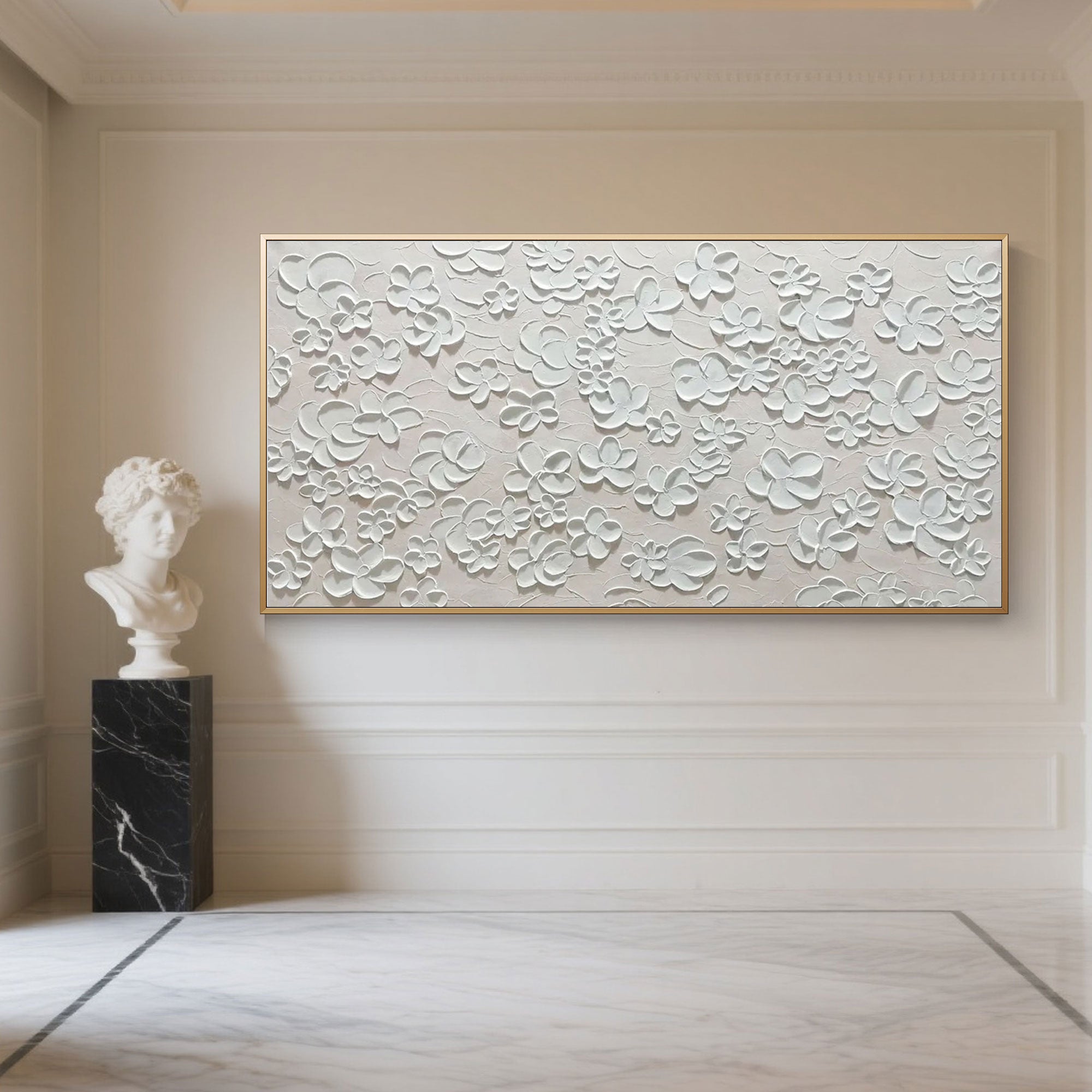 Minimalist textured floral painting in a modern living room.