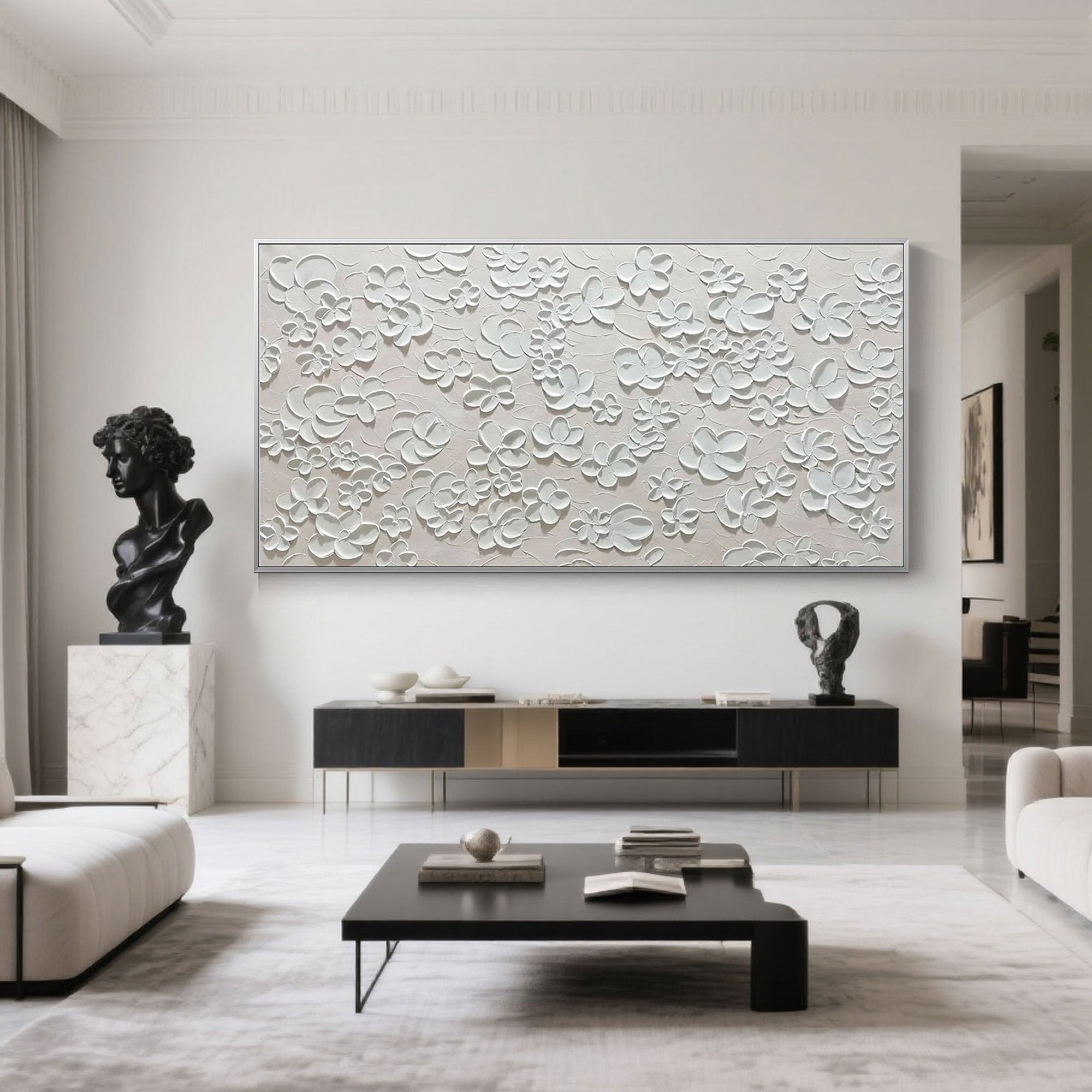 Minimalist textured floral painting in a modern living room.
