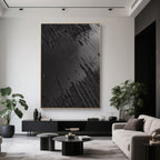 Wabi-Sabi black canvas art in a modern living room setting.