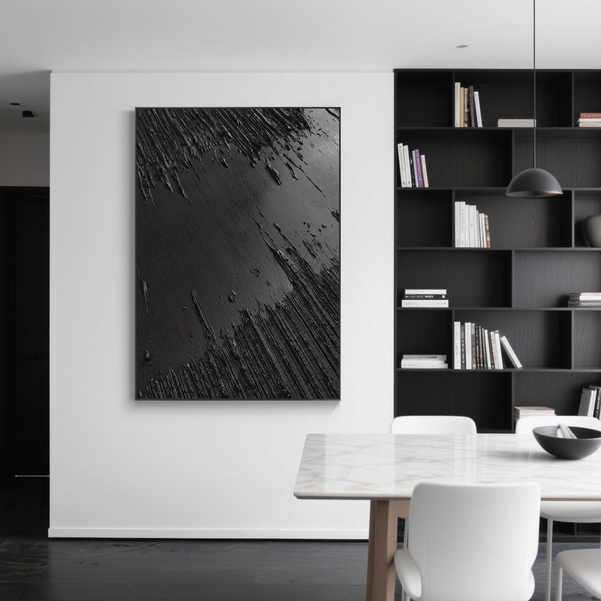Close-up of the textured black acrylic on the Wabi-Sabi canvas art.