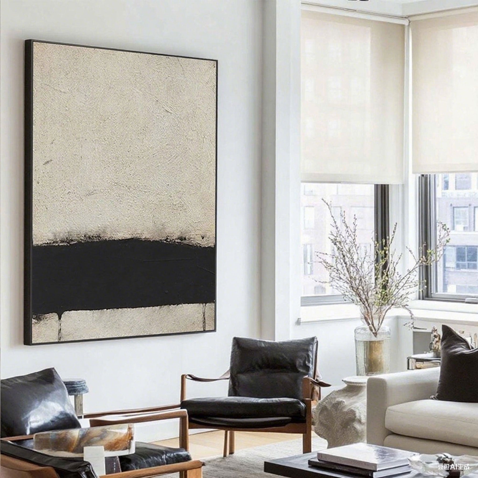 Wabi-sabi art in a living room, framed minimalist wall art.