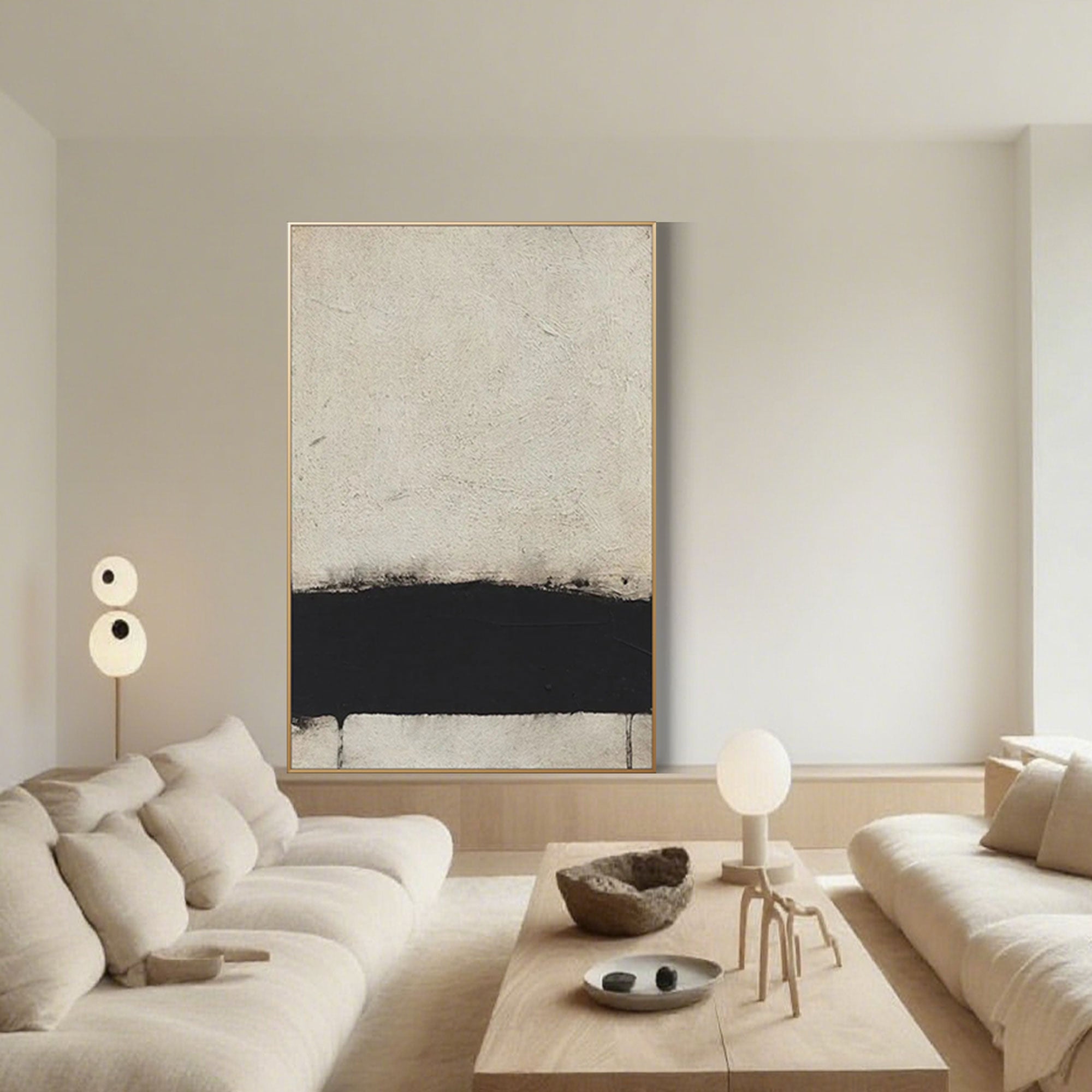 Abstract black and white painting in modern living space.