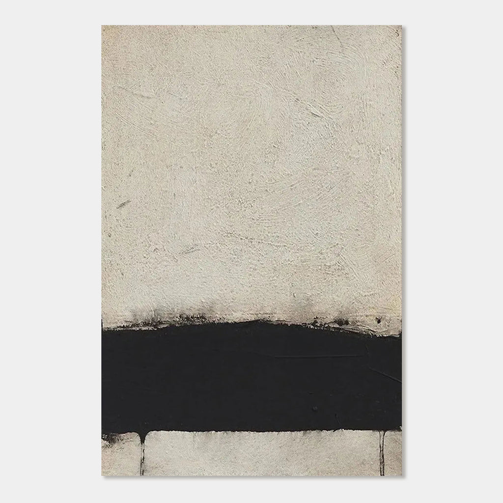 Minimalist black band on white textured canvas wall art.