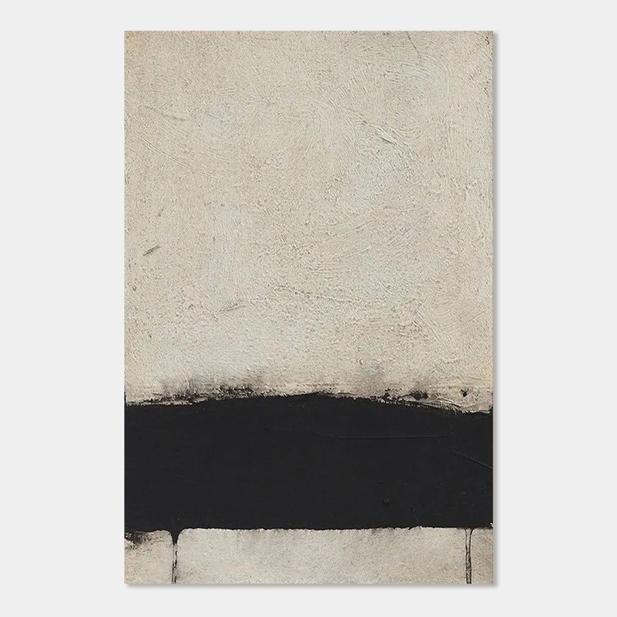 Minimalist black band on white textured canvas wall art.